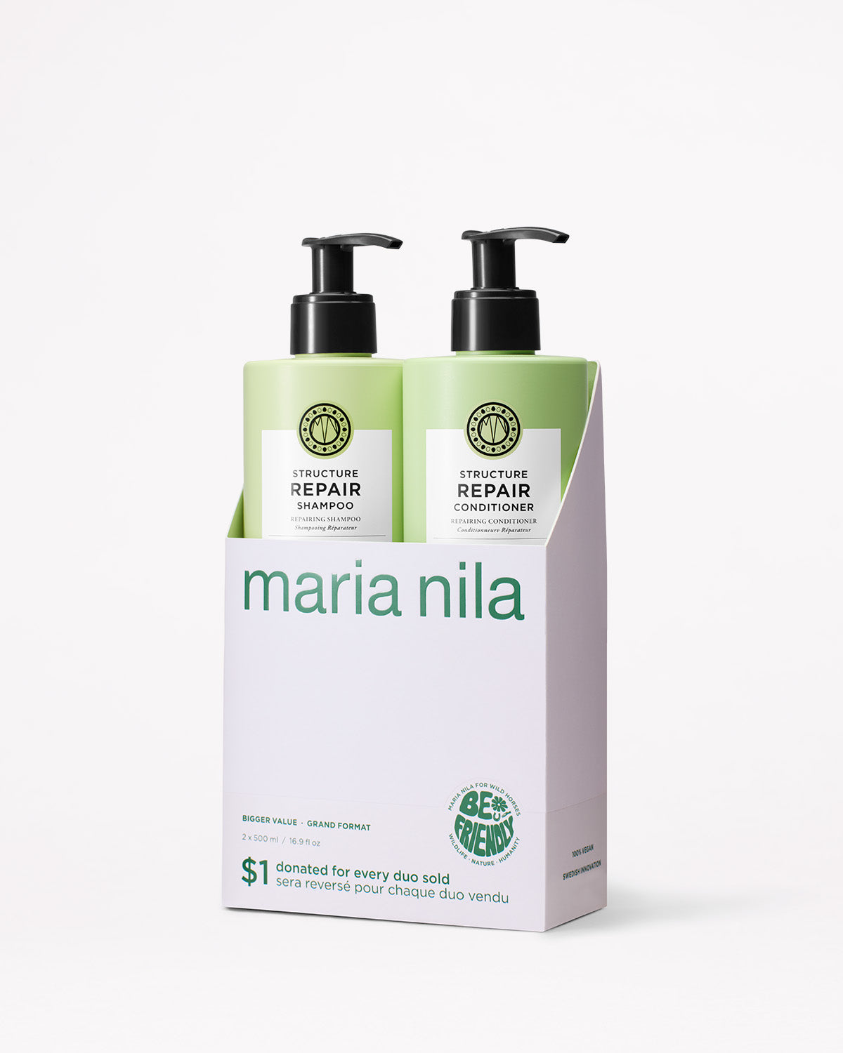 Maria Nila Structure Repair Care Duo set with shampoo and conditioner bottles on a white background