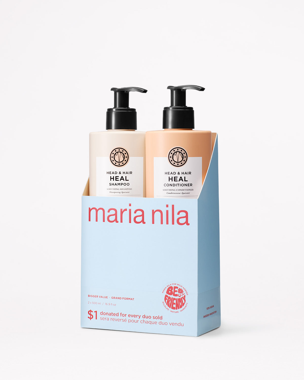 Maria Nila shampoo and conditioner bottles with packaging on a white background