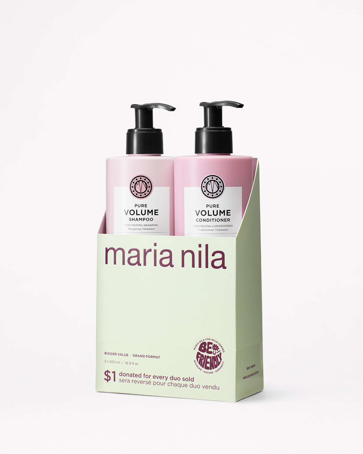 Maria Nila shampoo and conditioner bottles with packaging on a white background