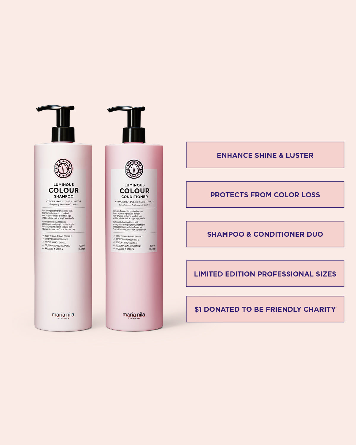 Two bottles of Maria Nila Colour Preserve Shampoo and Conditioner on a pink background with text about product features.