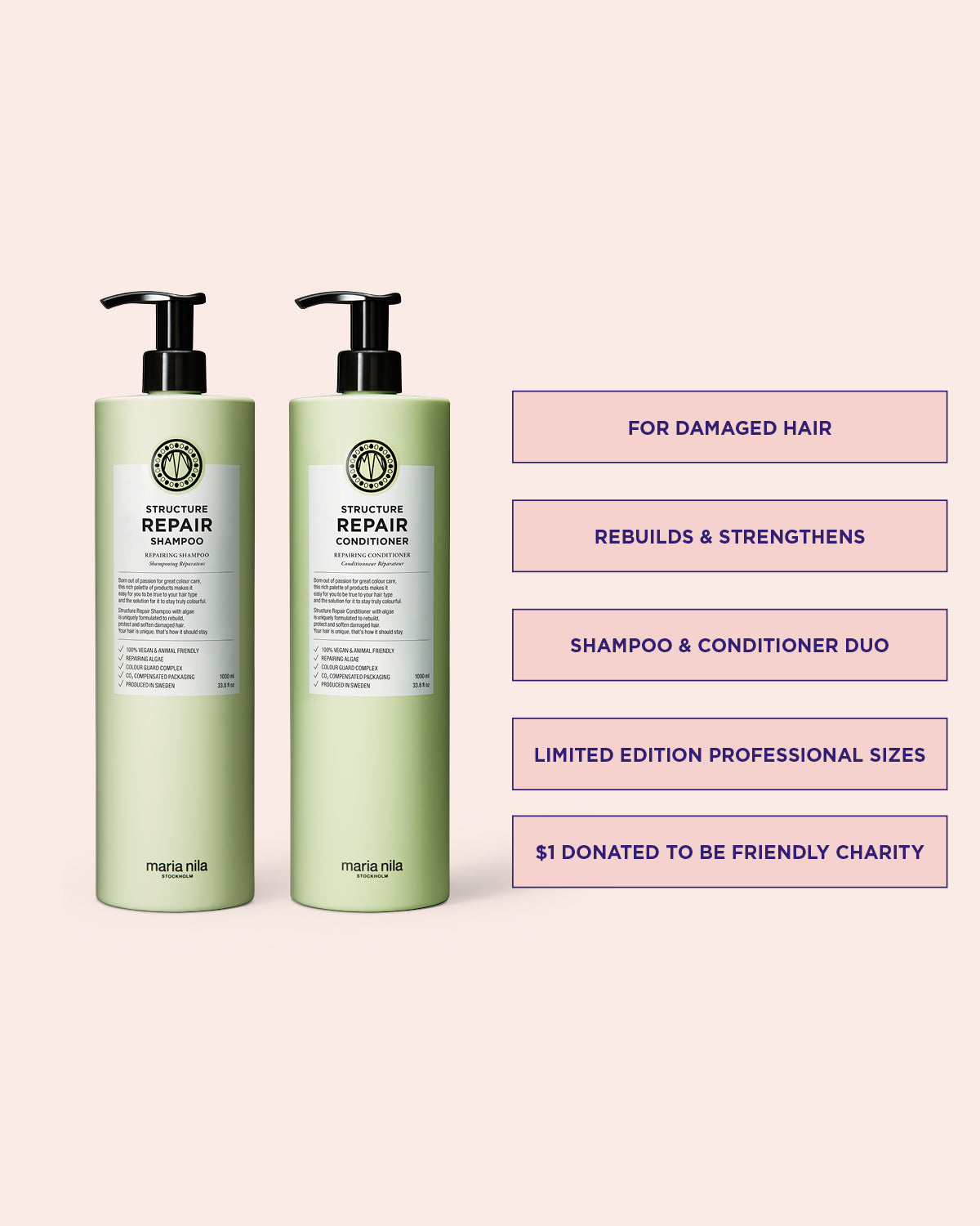 Two bottles of Maria Nila shampoo and conditioner on a pink background with text about the product.