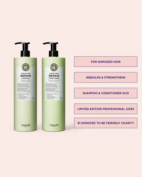 Two bottles of Maria Nila shampoo and conditioner on a pink background with text about the product.