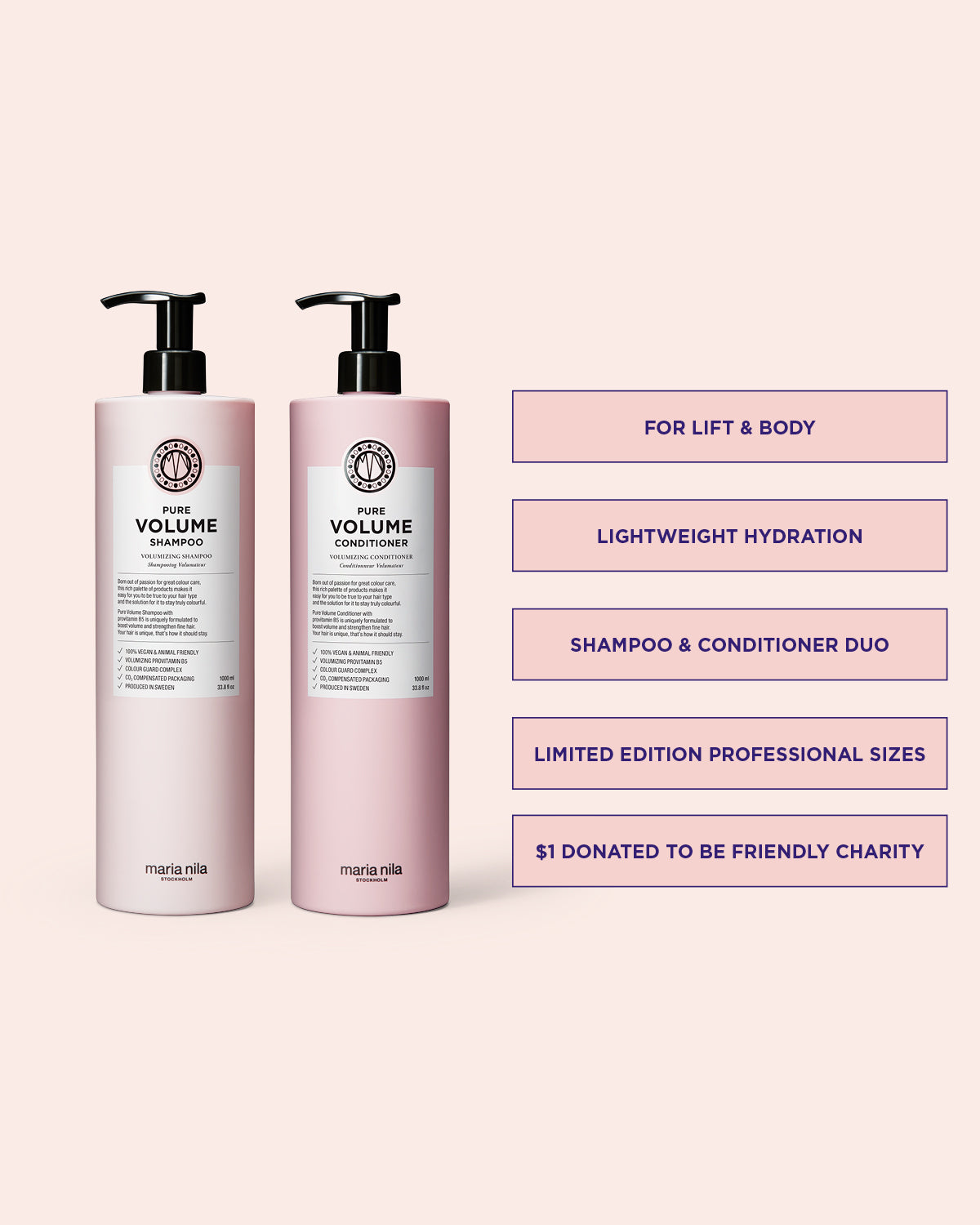 Two bottles of Maria Nila Volume shampoo and conditioner on a pink background with product details.