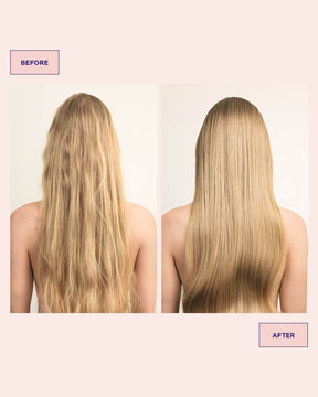 Before and after comparison of long blonde hair on a plain background