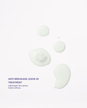 Bond Builder anti-breakage leave-in treatment droplets on a white background with product description text.