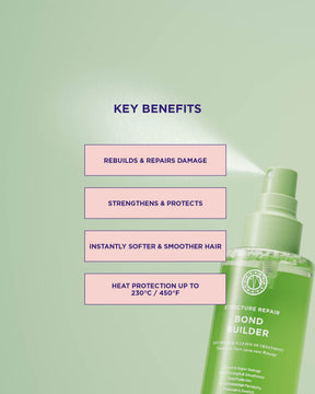 Green bottle of hair product with key benefits listed on a light green background