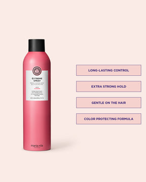Pink hair spray bottle with text on a light pink background