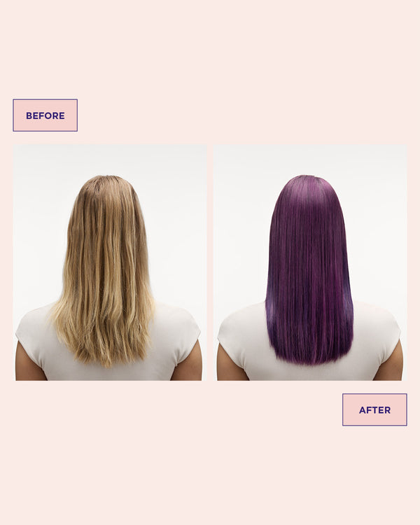 Hair before and after using Colour Refresh Vivid Violet for vibrant violet tones in the hair