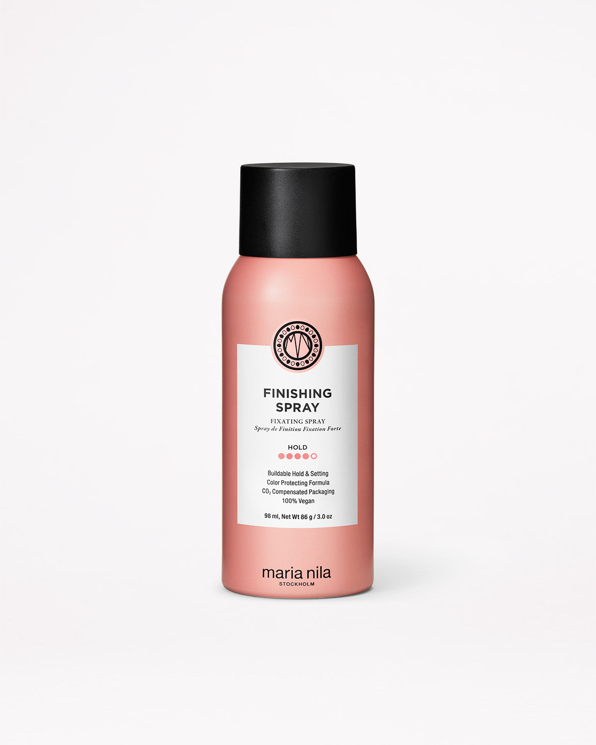 Pink hair spray bottle with black cap on a white background