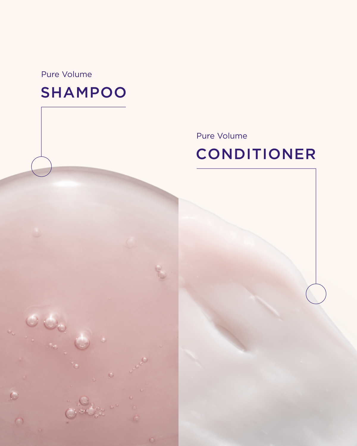 Two close-up images of shampoo and conditioner with visible bubbles, labeled 'Pure Volume Shampoo' and 'Pure Volume Conditioner'.
