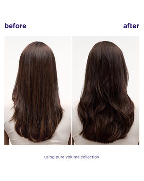 Before and after comparison of a woman's long dark brown hair, showing straightened, shorter-length hair on the left and voluminous, wavy, longer-length hair on the right. The text 'before', 'after', and 'using pure volume collection' is displayed on a white background.