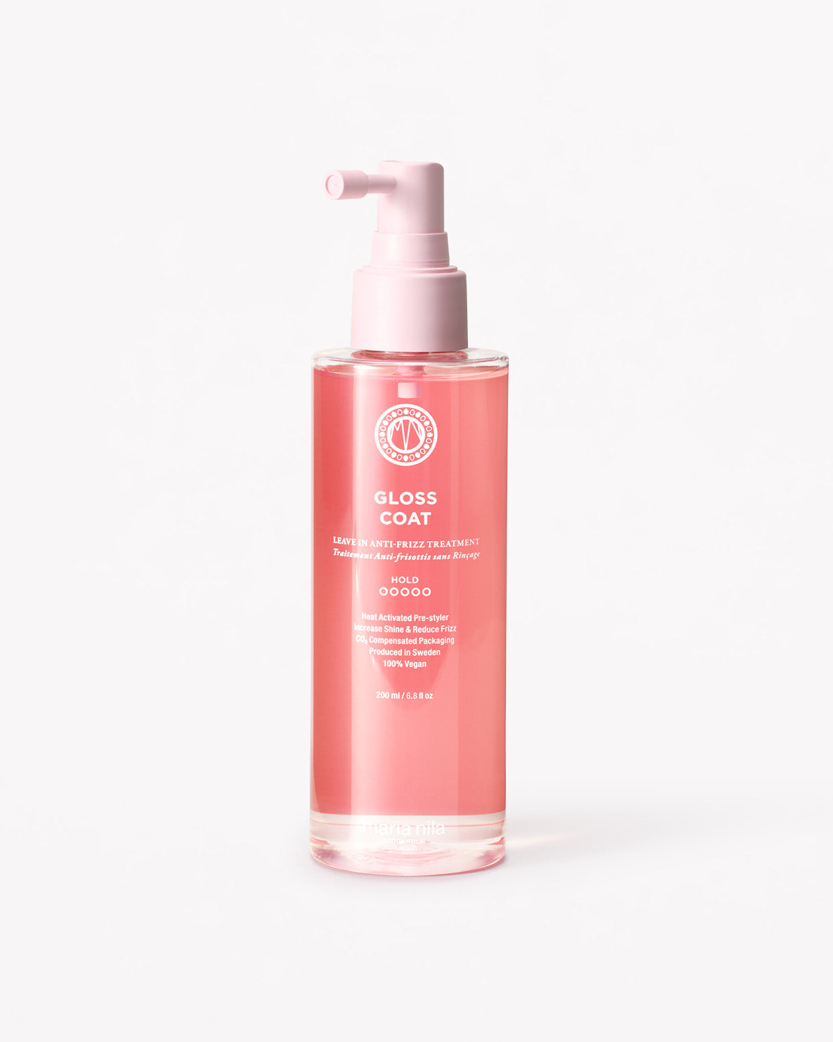 Pink bottle of Gloss Coat with pump on a white background