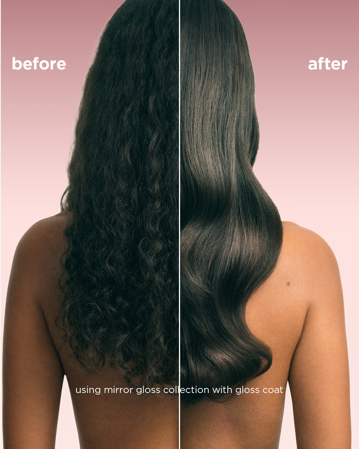 Before and after comparison of hair using Gloss Coat with a pink background