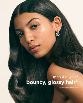 Woman with long, wavy hair against a plain background with text about Gloss Coat.