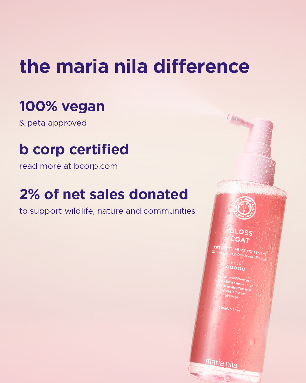 Maria Nila hair product with brand information on a pink background