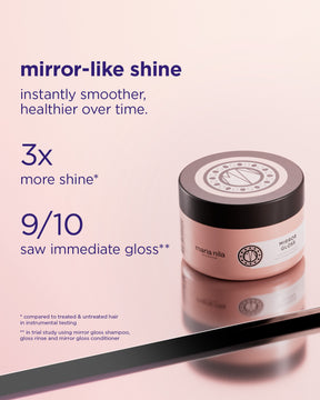 Maria Nila Mirror Gloss hair mask with text highlighting mirror-like shine on a pink background