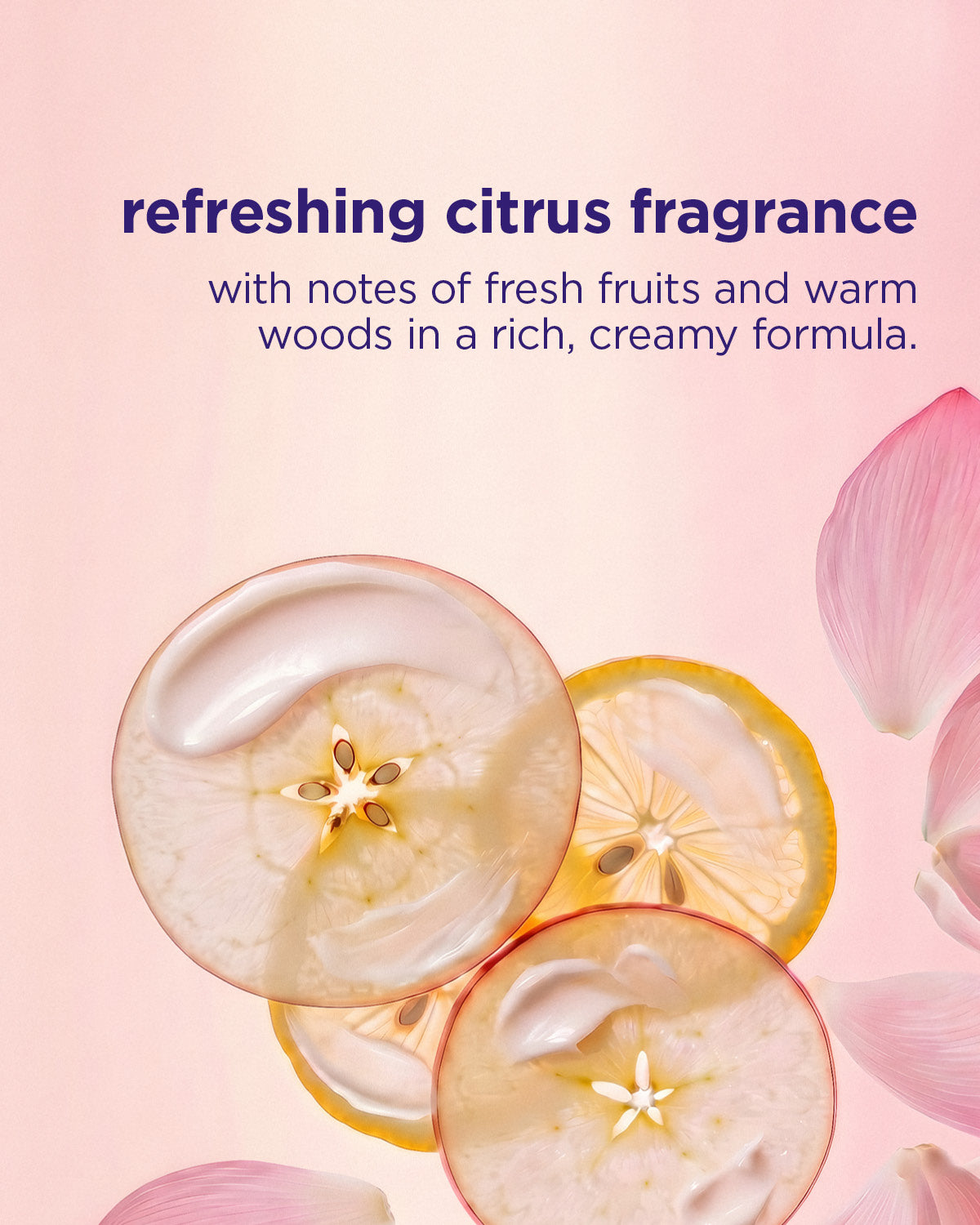 Pink flower petals and lemon slices with text about refreshing citrus fragrance on a pink background
