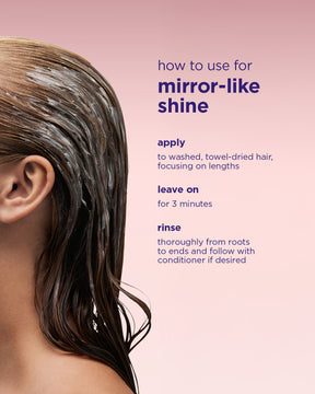 Person with wet hair on a pink background with text on how to achieve mirror-like shine.