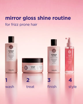 Hair care product lineup with 'Mirror Gloss' on a pink background