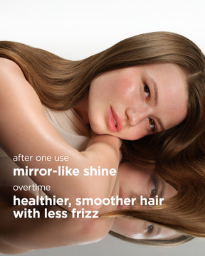 Woman with long, healthy hair against a neutral background with text about hair product benefits.