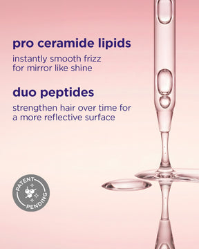 Product packaging with text about pro ceramide lipids and duo peptides on a pink background.