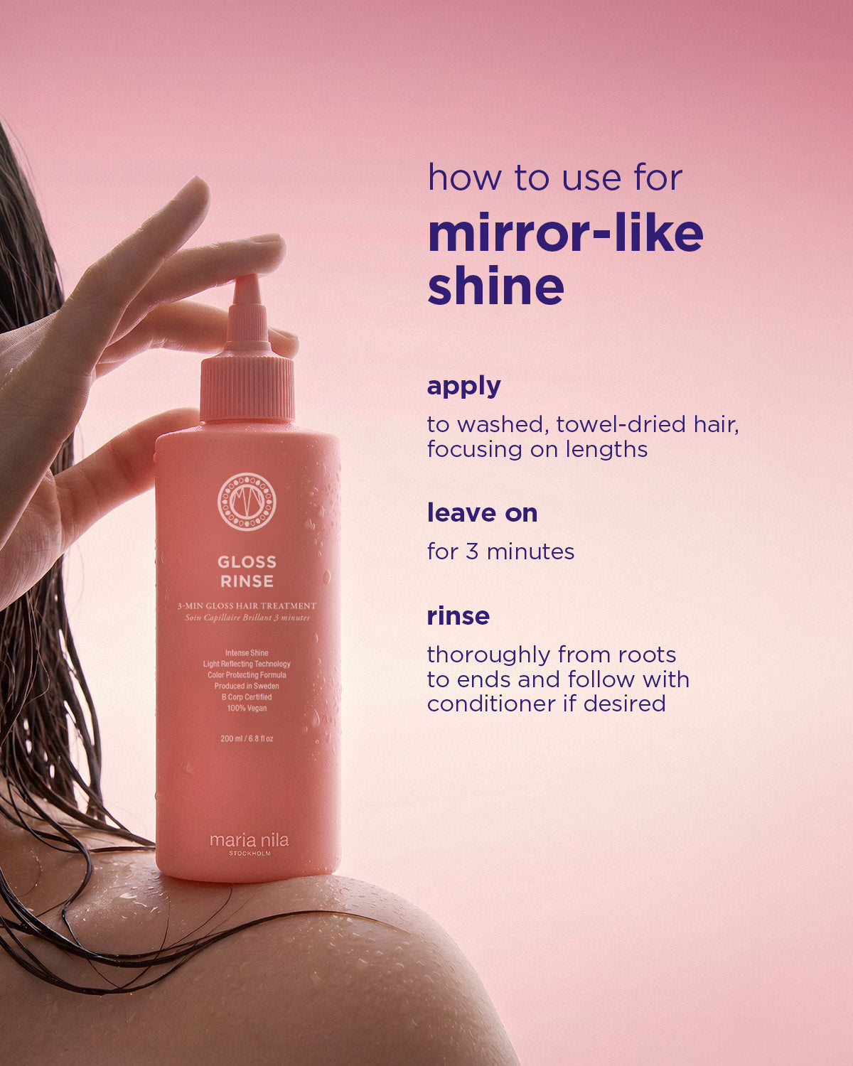 Pink bottle of Maria Nila Gloss Rinse with hair application instructions on a pink background