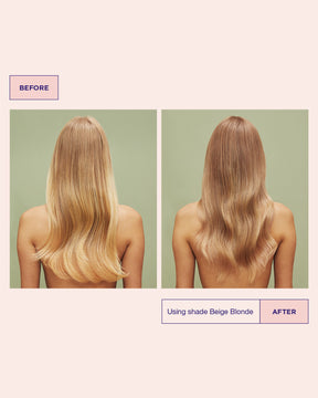 Before and after comparison of hair color transformation using shade Beige Blonde.