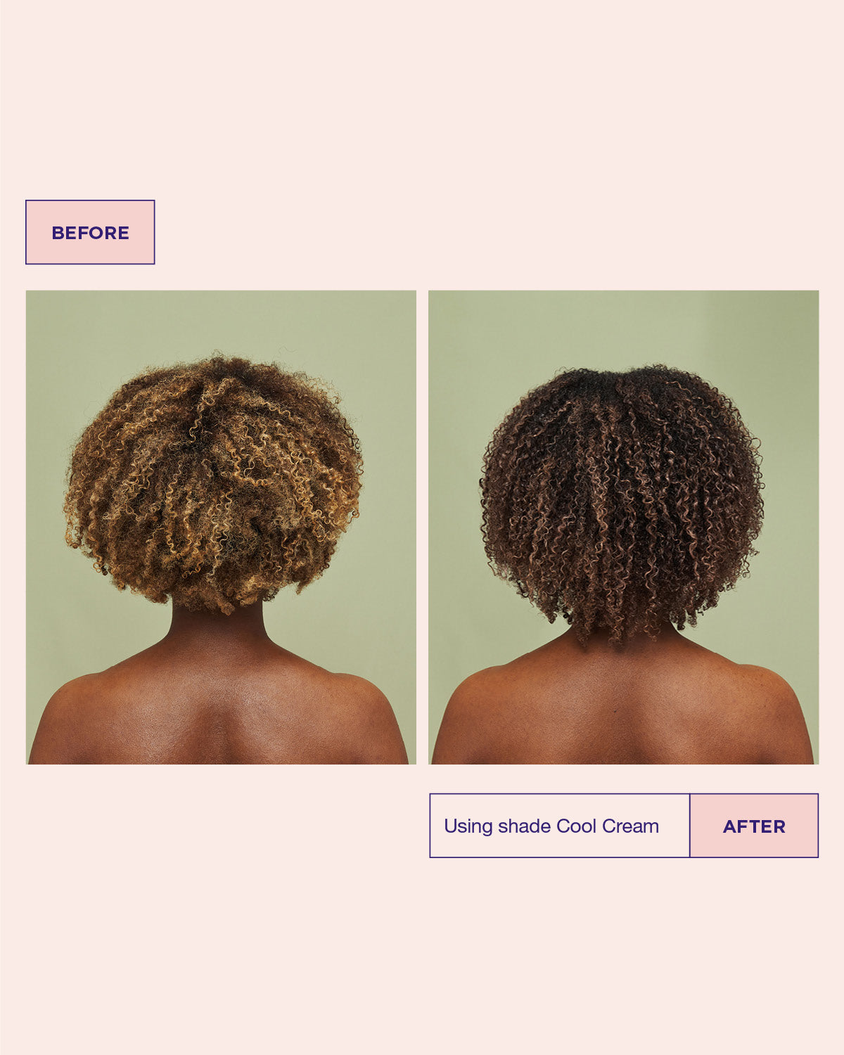 Before and after comparison of hair using shade cool cream on a green background