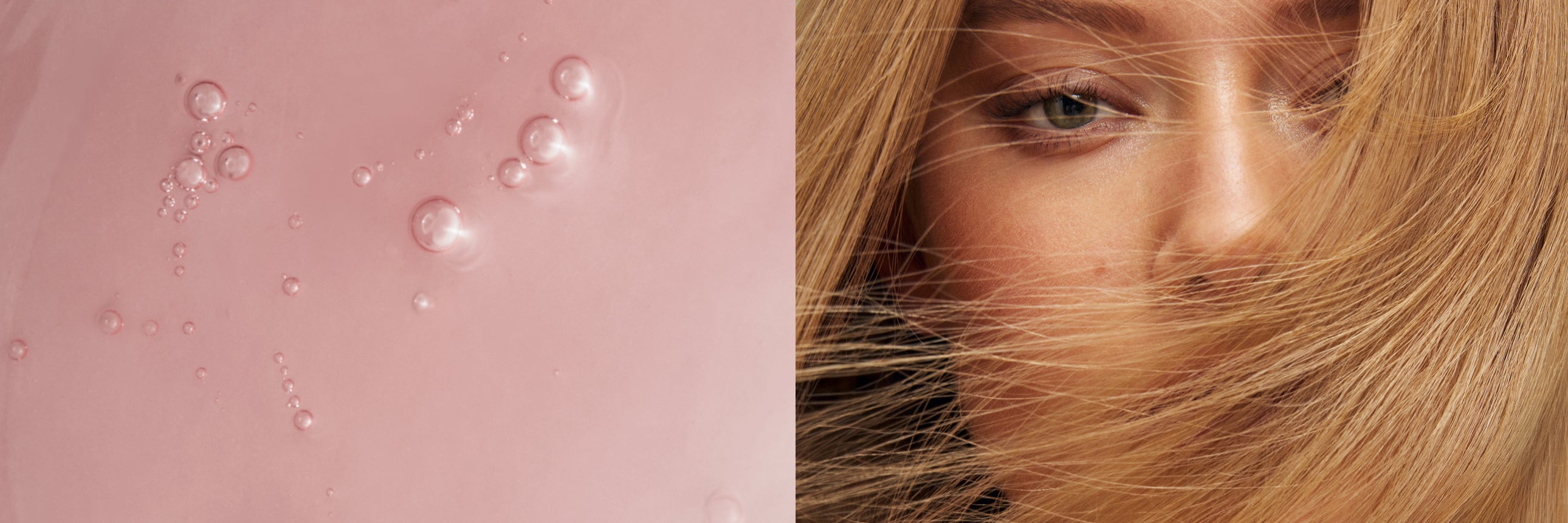 Split image with pink shampoo formulation to the left and model with dark blonde hair to right