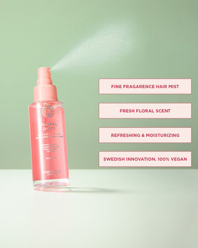 Pink hair mist bottle with product features on a light green background