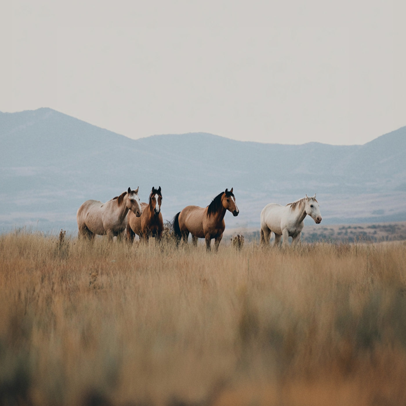A family of wild horses out on a field with mountains in the background