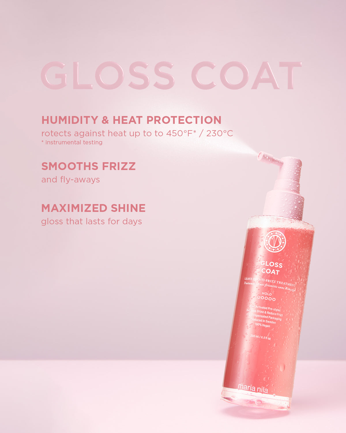 Pink bottle of gloss coat product with text on a light pink background