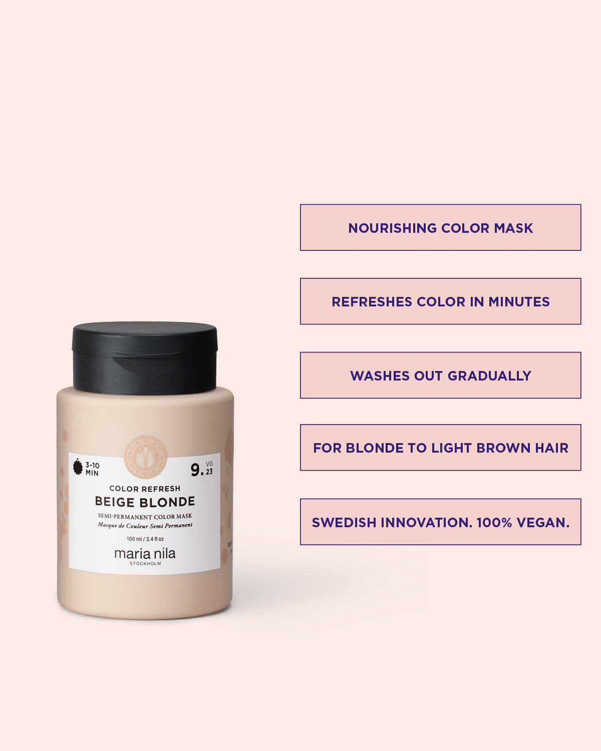 Maria Nila color refresh beige blonde nourishing color mask jar with text on a light pink background