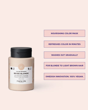 Maria Nila color refresh beige blonde nourishing color mask jar with text on a light pink background