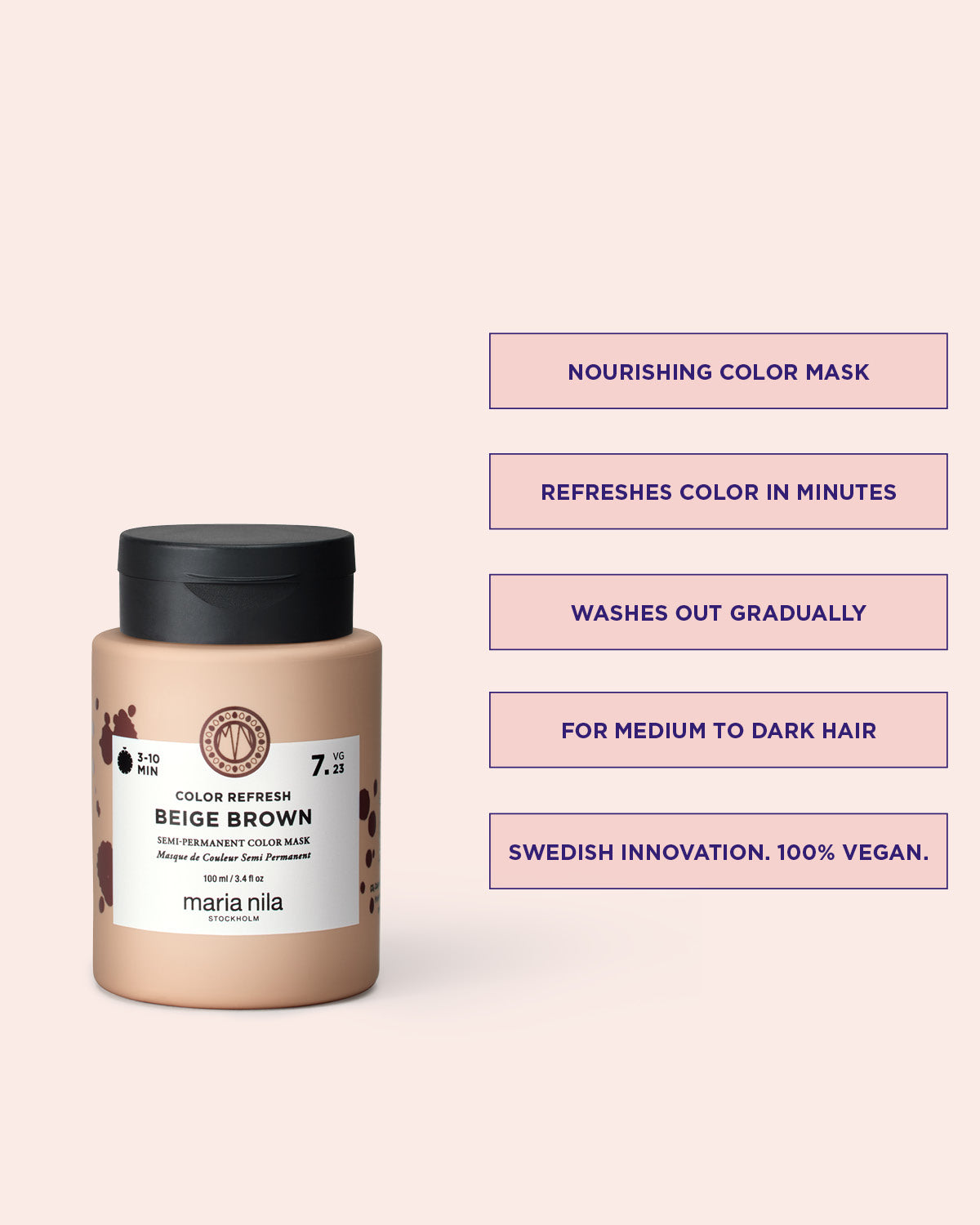 Maria Nila Color Refresh Beige Brown nourishing color mask jar with text on a light pink background