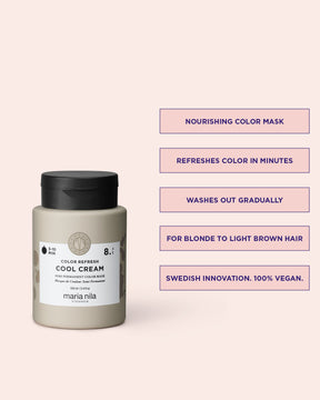 Maria Nila nourishing color mask jar with product details on a light pink background