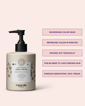 Maria Nila hair care product with features listed on a pink background