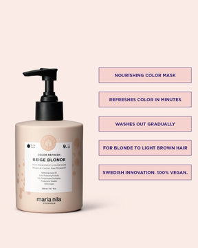 Maria Nila color refresh beige blonde pigmented hair mask with product information on a beige background