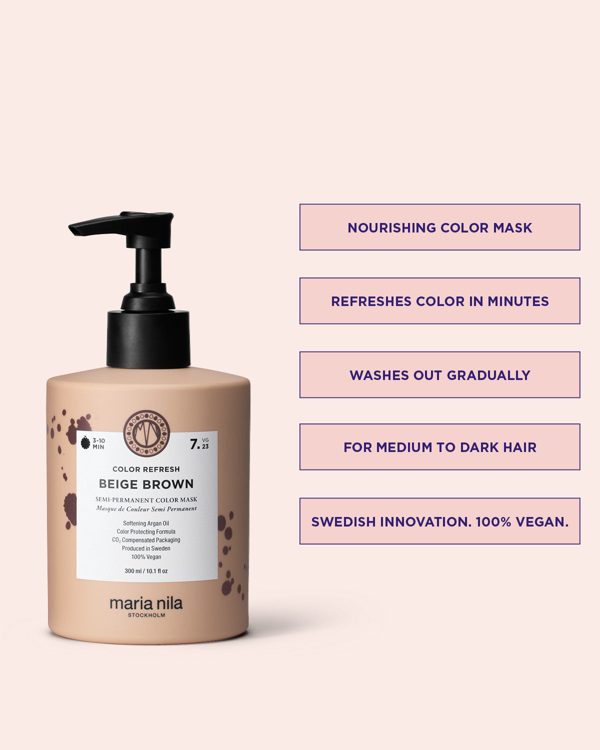 Maria Nila color refresh beige blonde pigmented hair mask bottle with product details on a pink background