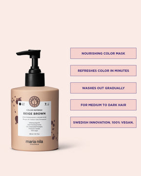 Maria Nila color refresh beige blonde pigmented hair mask bottle with product details on a pink background