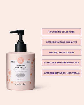 Maria Nila color refresh pink peach nourishing color mask bottle with product details on a pink background